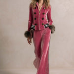 Retro Glam Pink Velvet Faux-Fur Cuff Zip-Up Top Side-Stripe Wide-Leg Pants Set