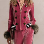 Retro Glam Pink Velvet Faux-Fur Cuff Zip-Up Top Side-Stripe Wide-Leg Pants Set