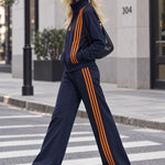 Casual Sporty Orange Striped Navy Blue Cotton Zipper Jacket Sweatshirt And Pants Set
