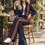 Casual Sporty Orange Striped Navy Blue Cotton Zipper Jacket Sweatshirt And Pants Set