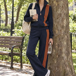 Casual Sporty Orange Striped Navy Blue Cotton Zipper Jacket Sweatshirt And Pants Set