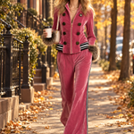 Retro Glam Pink Velvet Faux-Fur Cuff Zip-Up Top Side-Stripe Wide-Leg Pants Set