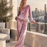 Elegant Faux-fur Trim Dusty Rose Crushed Velvet Top and Wide-Leg Trousers Two-Piece Sets