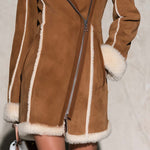 Urban Retro Camel Faux Suede Shearling Trim Asymmetric Zip Buckle Collar Fitted Coat