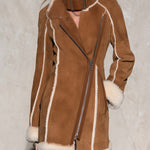 Urban Retro Camel Faux Suede Shearling Trim Asymmetric Zip Buckle Collar Fitted Coat