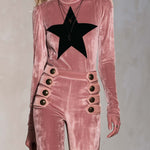 Retro Pink Star Turtleneck Sailor Button Flare Pants Velvet Two-Piece Set