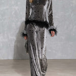 Retro Glam Star Print Grey Velvet Feather Trim Turtleneck Wide-Leg Pants Set