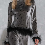 Retro Glam Star Print Grey Velvet Feather Trim Turtleneck Wide-Leg Pants Set