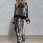 Retro Glam Star Print Grey Velvet Feather Trim Turtleneck Wide-Leg Pants Set
