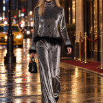 Retro Glam Star Print Grey Velvet Feather Trim Turtleneck Wide-Leg Pants Set