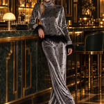 Retro Glam Star Print Grey Velvet Feather Trim Turtleneck Wide-Leg Pants Set