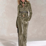 Retro Sporty Olive Star Velvet Peplum Jacket Side Stripe Flare Pants Set