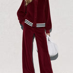 Women's Burgundy Velvet Baseball Striped Jacket And Wide-leg Pants Set