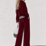 Women's Burgundy Velvet Baseball Striped Jacket And Wide-leg Pants Set