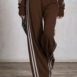 Casual Sporty Retro Silver Rhinestone And Trim Brown Zip-Up Sweatshirt And Pants Set