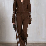 Casual Sporty Retro Silver Rhinestone And Trim Brown Zip-Up Sweatshirt And Pants Set