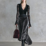 Elegant Party Black Lace And Grey Velvet Patchwork Maxi Dress