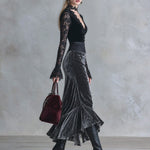 Elegant Party Black Lace And Grey Velvet Patchwork Maxi Dress