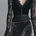 Elegant Party Black Lace And Grey Velvet Patchwork Maxi Dress