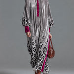 Retro Chic Color-blocked Trim And Leopard Print Silver Henley Collar Velvet Maxi Dress