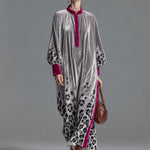 Retro Chic Color-blocked Trim And Leopard Print Silver Henley Collar Velvet Maxi Dress