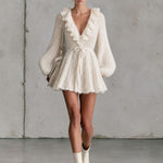 Retro Elegant Waist-tie Off-white Ruffled V-neck Knit Mini Dress