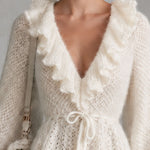 Retro Elegant Waist-tie Off-white Ruffled V-neck Knit Mini Dress