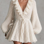 Retro Elegant Waist-tie Off-white Ruffled V-neck Knit Mini Dress