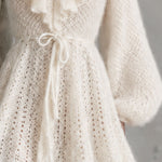Retro Elegant Waist-tie Off-white Ruffled V-neck Knit Mini Dress