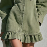 Vintage Faded Green Denim Long-sleeved Ruffle Mini Dress