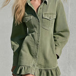 Vintage Faded Green Denim Long-sleeved Ruffle Mini Dress
