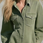 Vintage Faded Green Denim Long-sleeved Ruffle Mini Dress