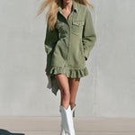 Vintage Faded Green Denim Long-sleeved Ruffle Mini Dress