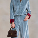 Retro-elegant Color-blocked Striped And Leopard Print Blue Velvet Shirt And Trousers Set