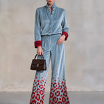 Retro-elegant Color-blocked Striped And Leopard Print Blue Velvet Shirt And Trousers Set