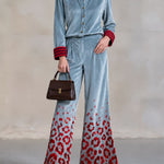 Retro-elegant Color-blocked Striped And Leopard Print Blue Velvet Shirt And Trousers Set