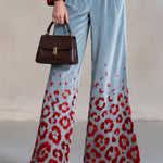 Retro-elegant Color-blocked Striped And Leopard Print Blue Velvet Shirt And Trousers Set
