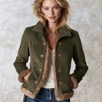 Retro Olive Corduroy Patchwork Faux Fur Coat For Women