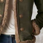 Retro Olive Corduroy Patchwork Faux Fur Coat For Women