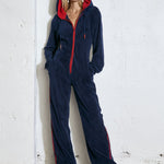 Women's Women's Red And Navy Blue Fleece Hooded Zipper Jumpsuit