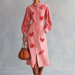 Romantic Western Pink Heart Print Puff Sleeve Button Front Denim Midi Dress