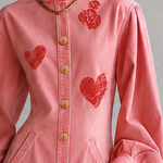 Romantic Western Pink Heart Print Puff Sleeve Button Front Denim Midi Dress