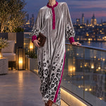 Retro Chic Color-blocked Trim And Leopard Print Silver Henley Collar Velvet Maxi Dress
