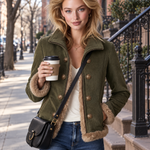 Retro Olive Corduroy Patchwork Faux Fur Coat For Women