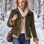 Retro Olive Corduroy Patchwork Faux Fur Coat For Women