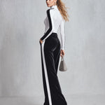 Women's Black White Colorblock Mock Neck Long Sleeve Top and Velvet Wide Leg Pants Two-Piece Sets