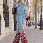 Retro-elegant Color-blocked Striped And Leopard Print Blue Velvet Shirt And Trousers Set
