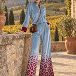 Retro-elegant Color-blocked Striped And Leopard Print Blue Velvet Shirt And Trousers Set
