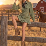 Vintage Faded Green Denim Long-sleeved Ruffle Mini Dress