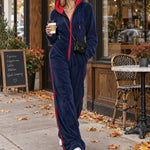 Women's Women's Red And Navy Blue Fleece Hooded Zipper Jumpsuit